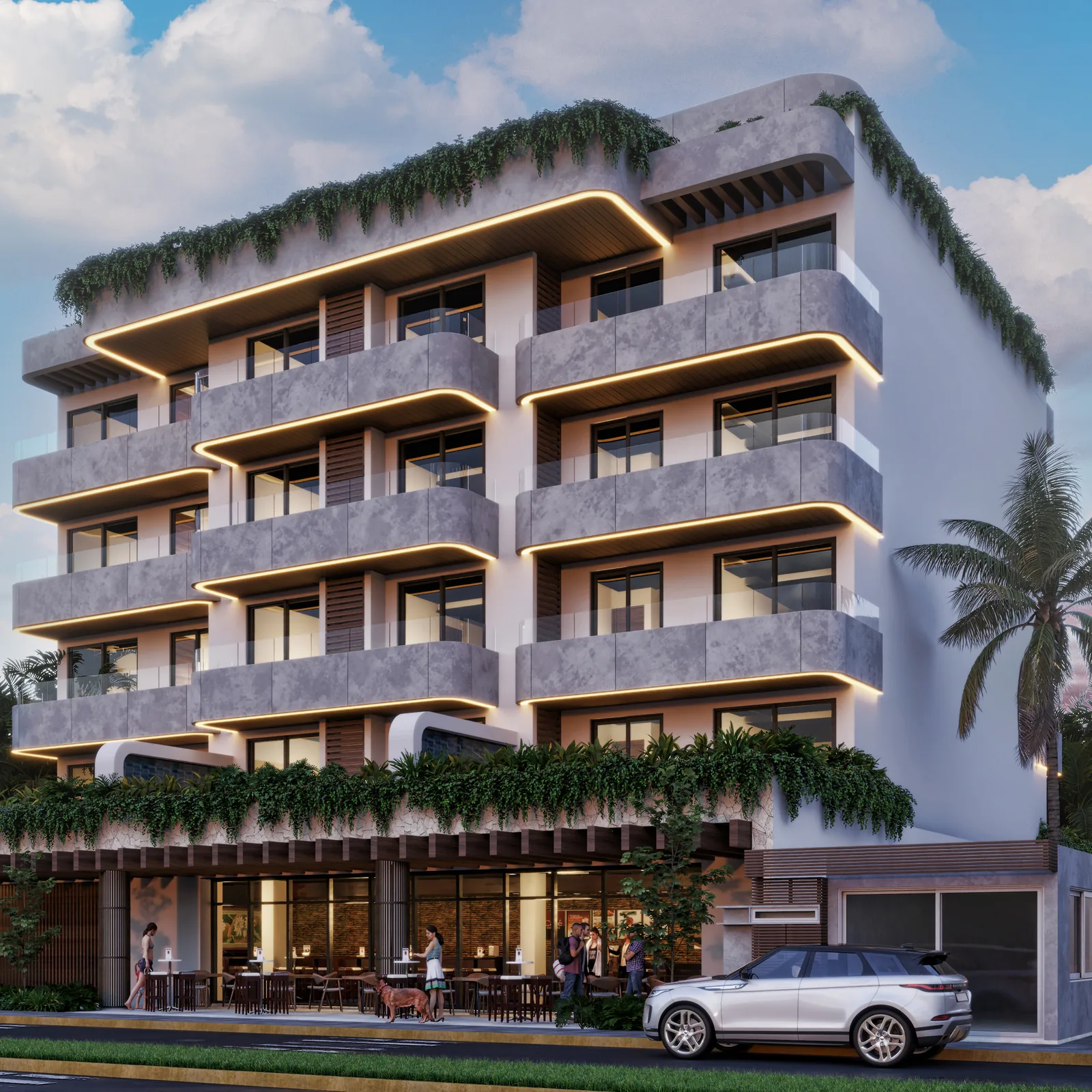 Fachada de Village Blu Beach Apartments en Puerto Morelos, con jardines verticales, terrazas y locales comerciales en planta baja