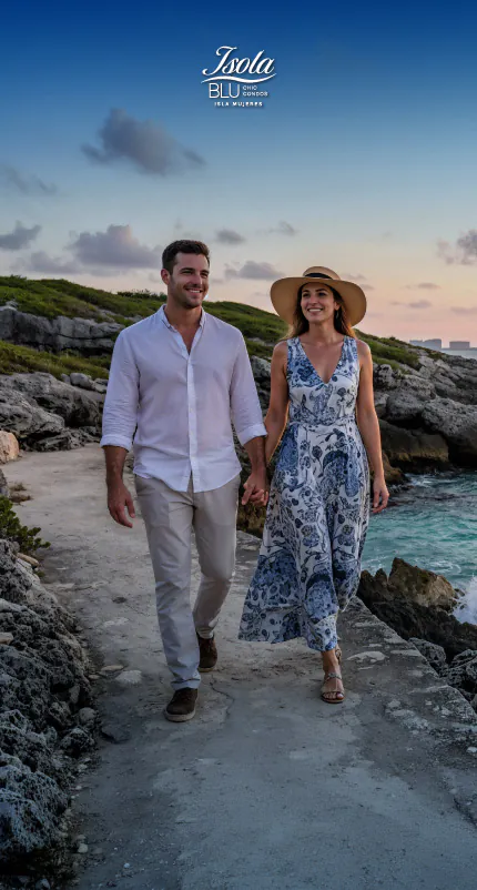 Pareja paseando de la mano por el sendero costero de Isla Mujeres