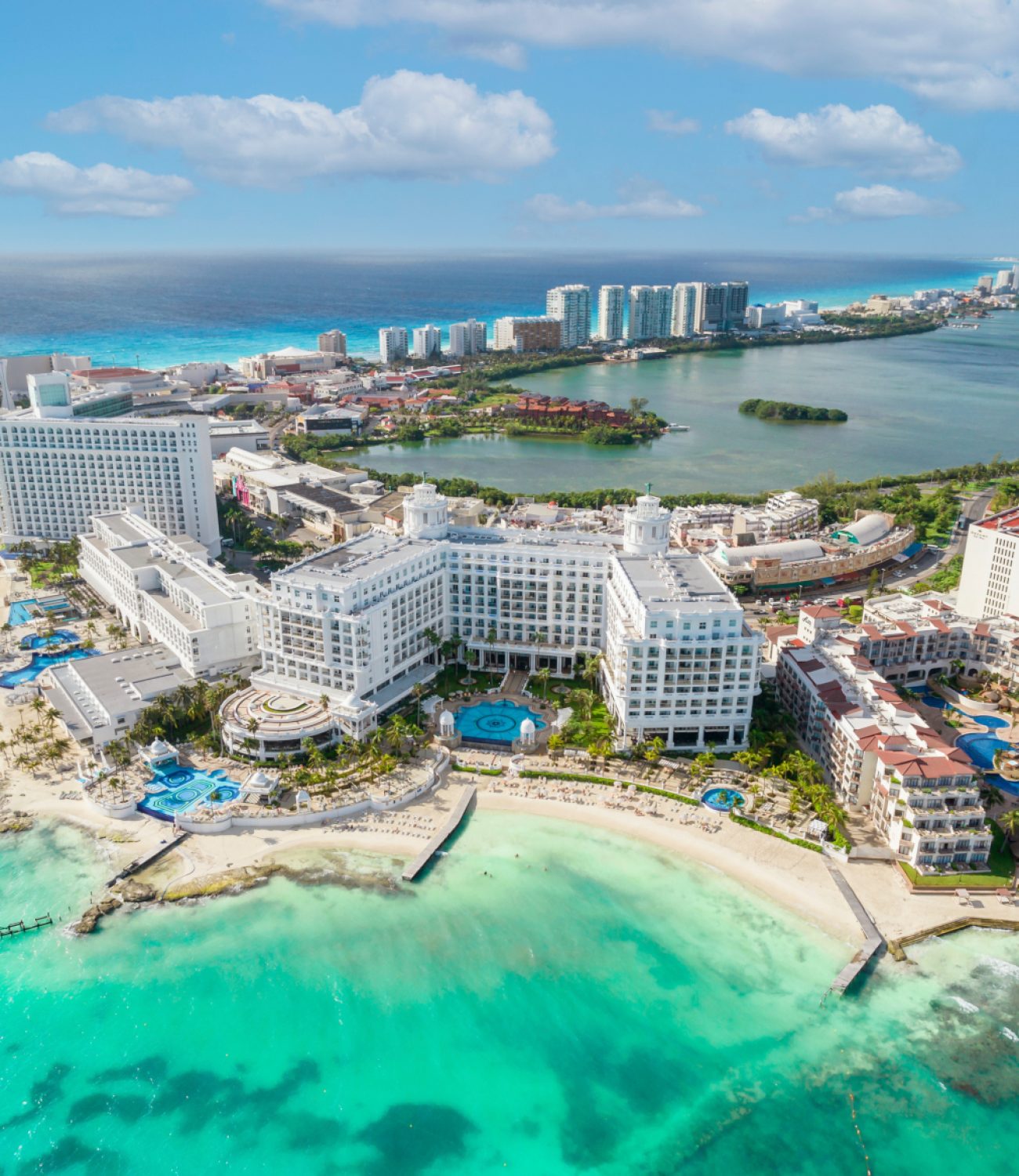 View of beautiful Hotels in the hotel zone of Cancun. Riviera Maya region in Quintana roo on Yucatan Peninsula. Aerial panoramic view ofallinclusive resorts